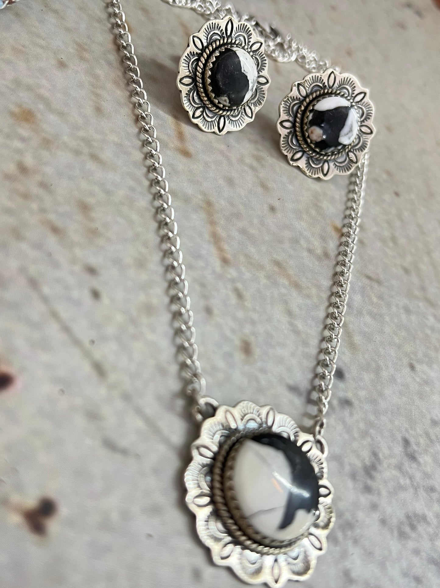 Handmade Sterling Silver White Buffalo Necklace Earrings Set with Signed Nizhoni