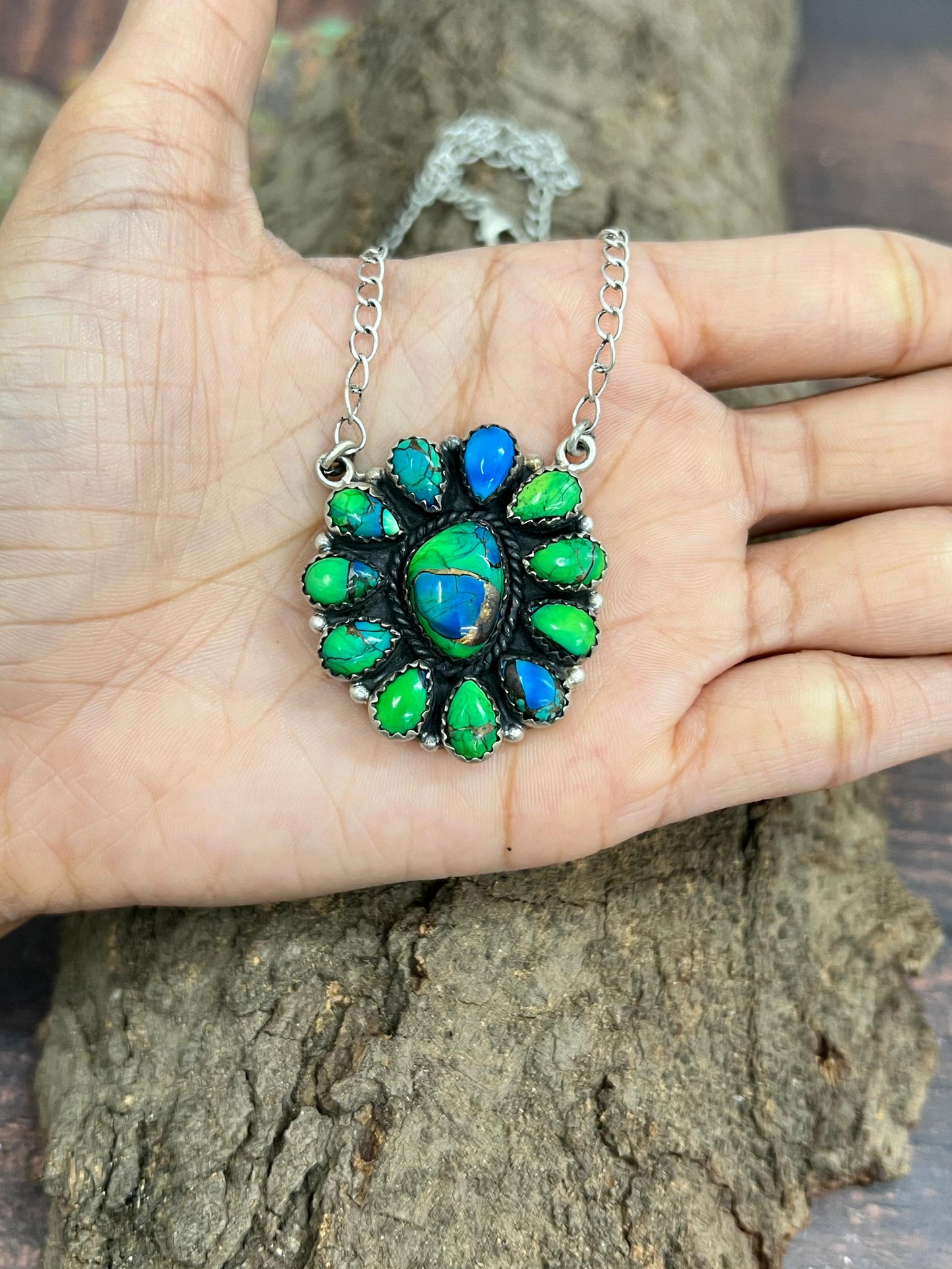 Handmade Sterling Silver Peacock Dahlia Necklace with Signed Nizhoni