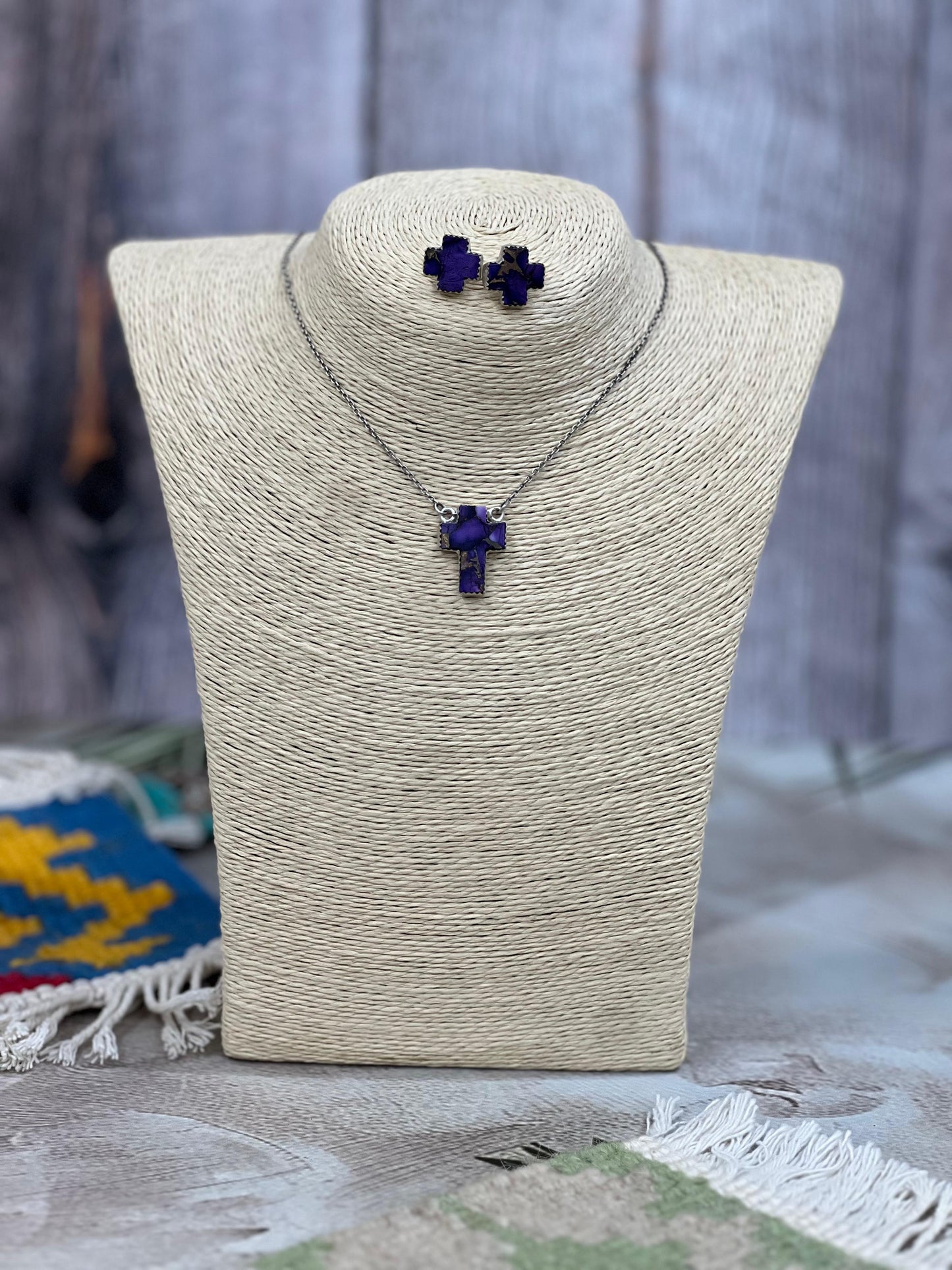 Handmade Sterling Silver Grape Dahlia Cross Necklace Earrings Set, Signed Nizhoni