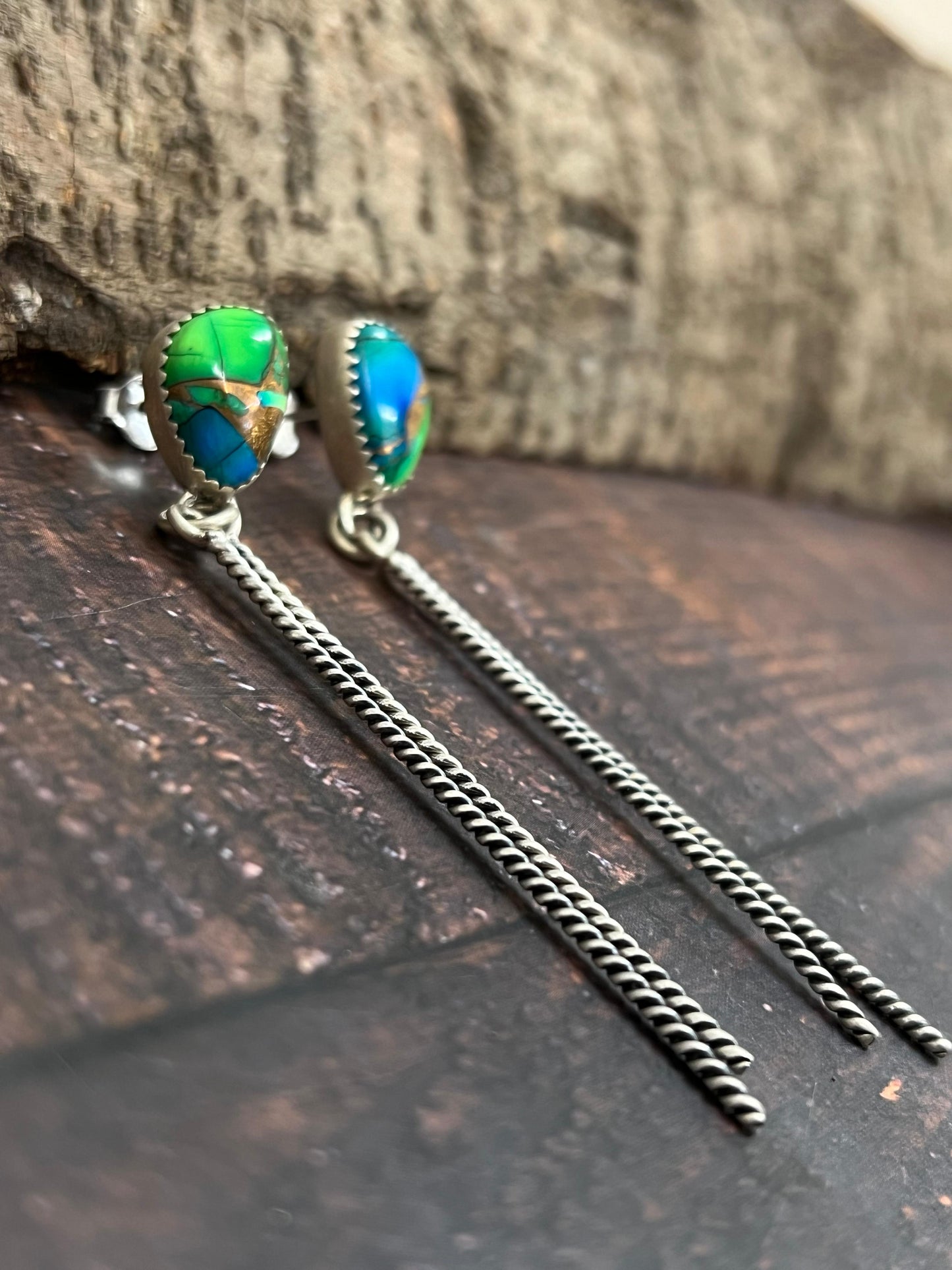 Handmade Sterling Silver Peacock Dahlia Post Earrings with Signed Nizhoni