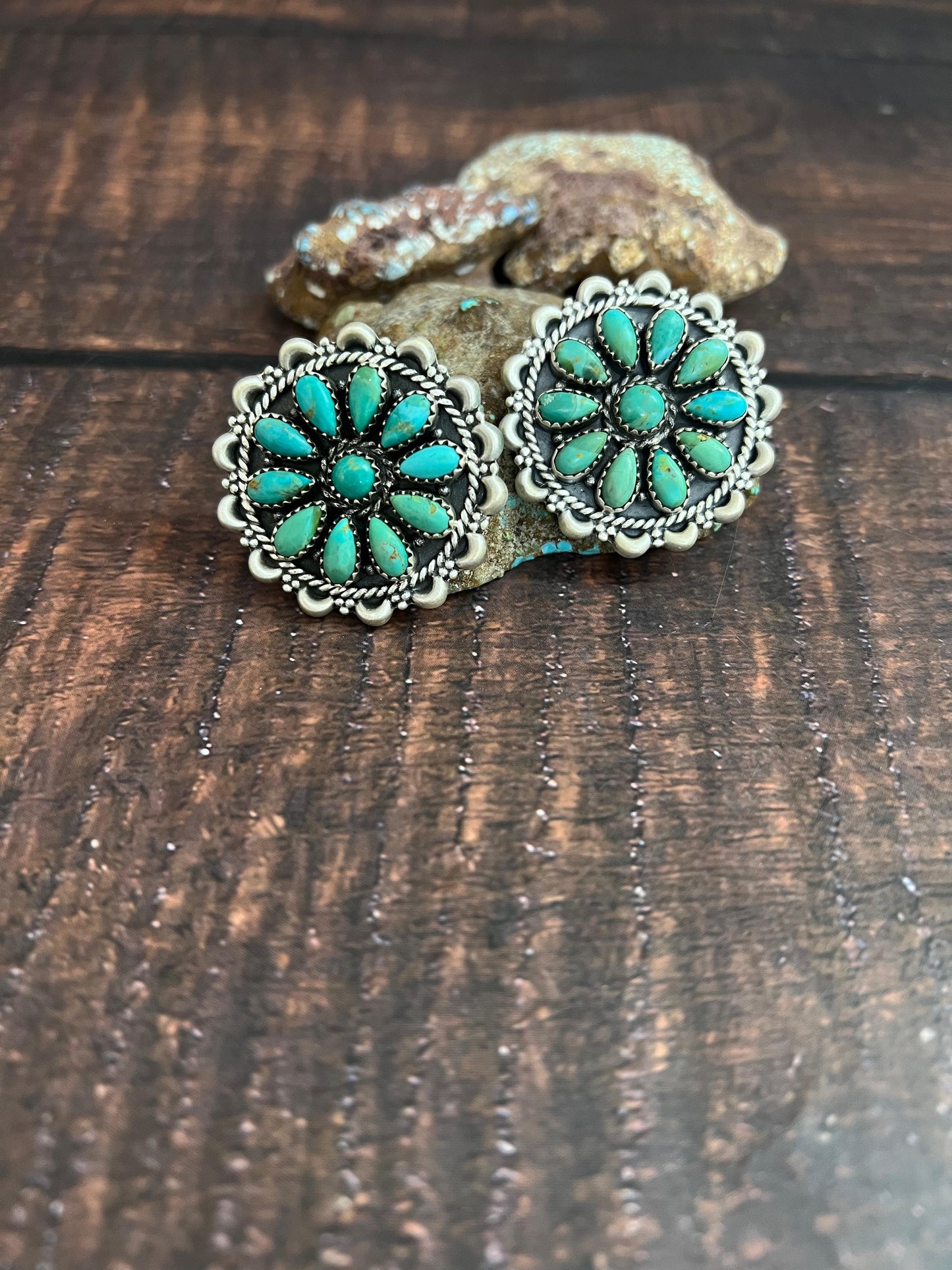 Handmade Sterling Silver Kingman Turquoise Studs with Signed Nizhoni