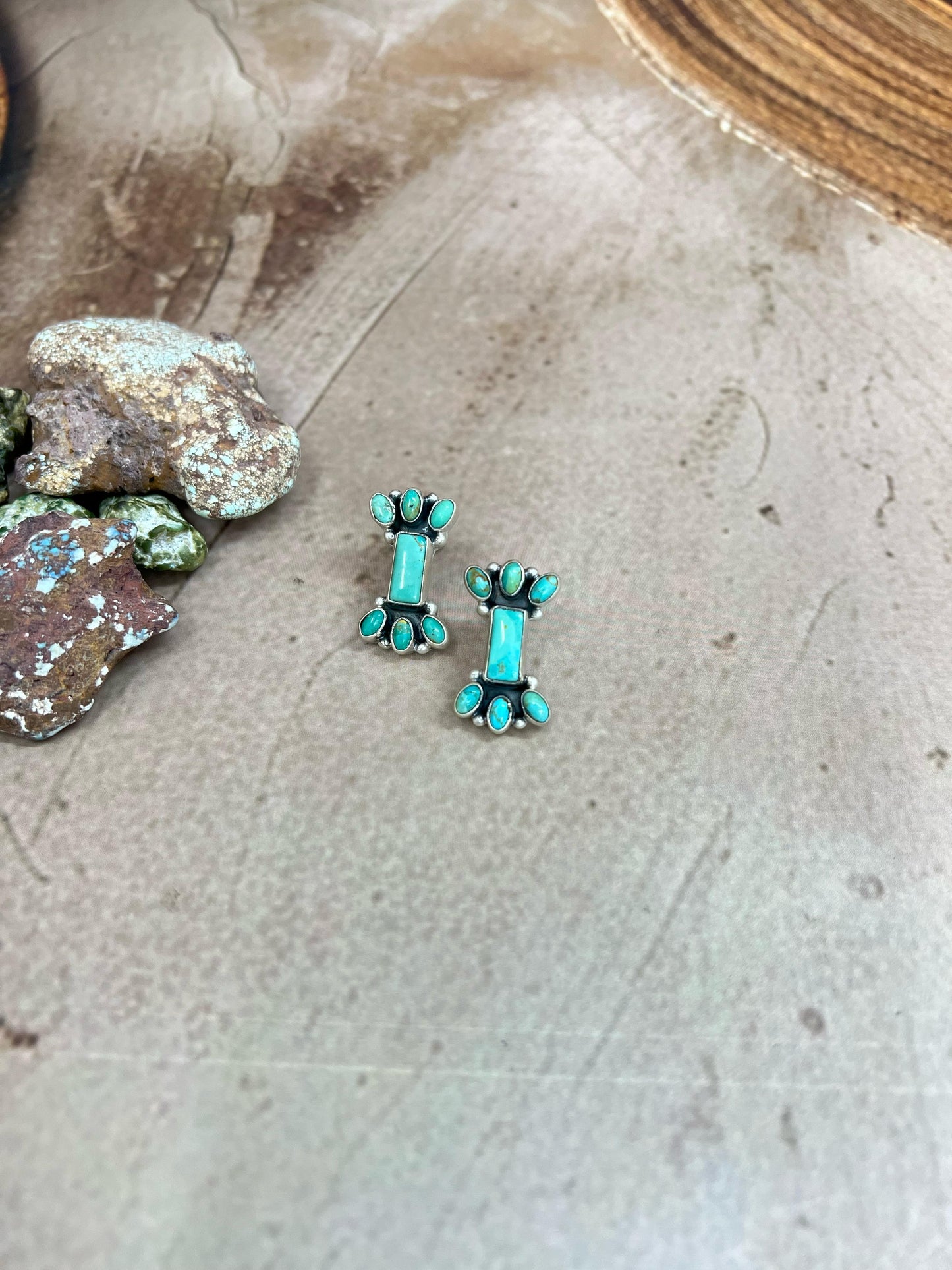 Handmade Sterling Silver Kingman Turquoise Post Earrings with Signed Nizhoni (7)