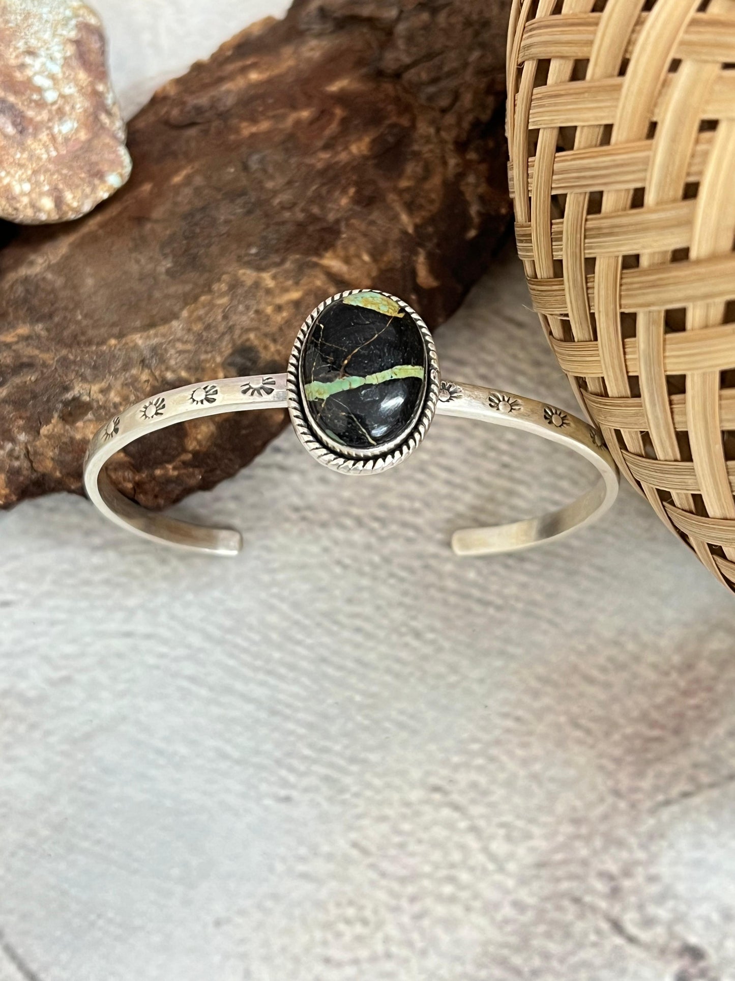 Handmade Sterling Silver Blackjack Cuff Bracelet with Signed Nizhoni