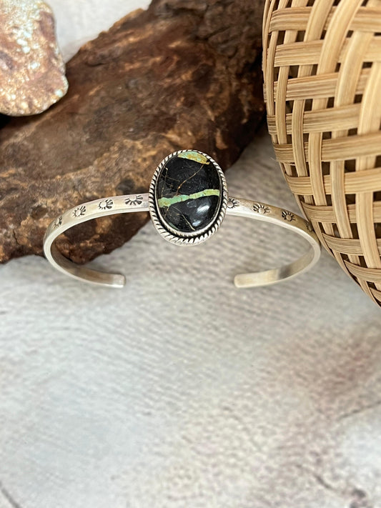 Handmade Sterling Silver Blackjack Cuff Bracelet with Signed Nizhoni