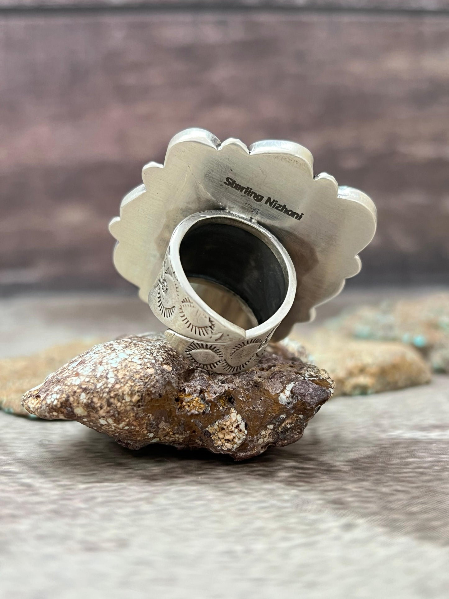 Handmade Sterling Silver Hardy Pit Adjustable Ring with Signed Nizhoni