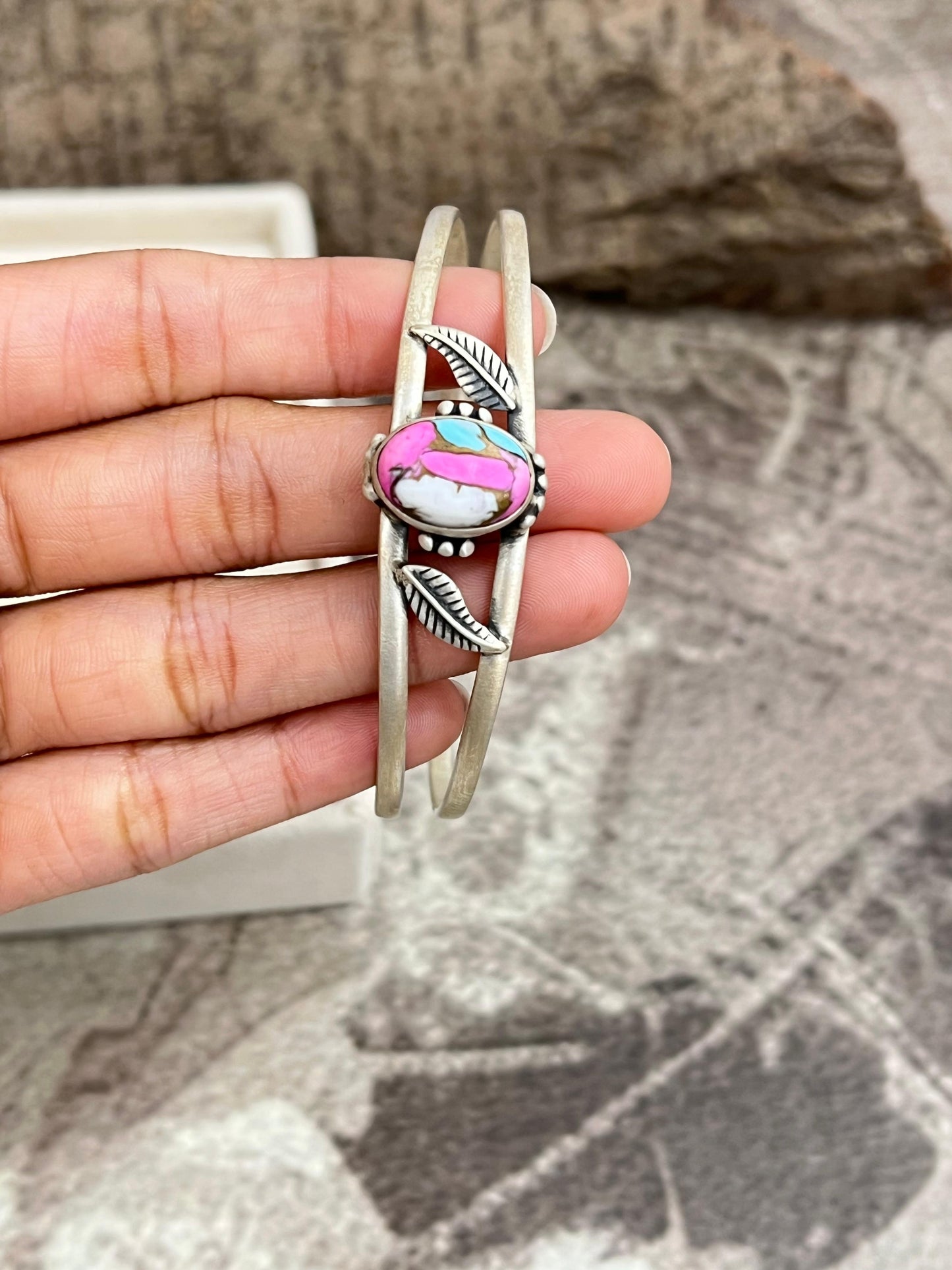 Handmade Sterling Silver Cotton Candy Turquoise Bracelet with Signed Nizhoni
