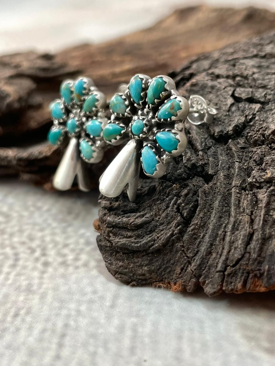 Handmade Sterling Silver Kingman Turquoise Blossom Studs Earrings "Signed Nizhoni"