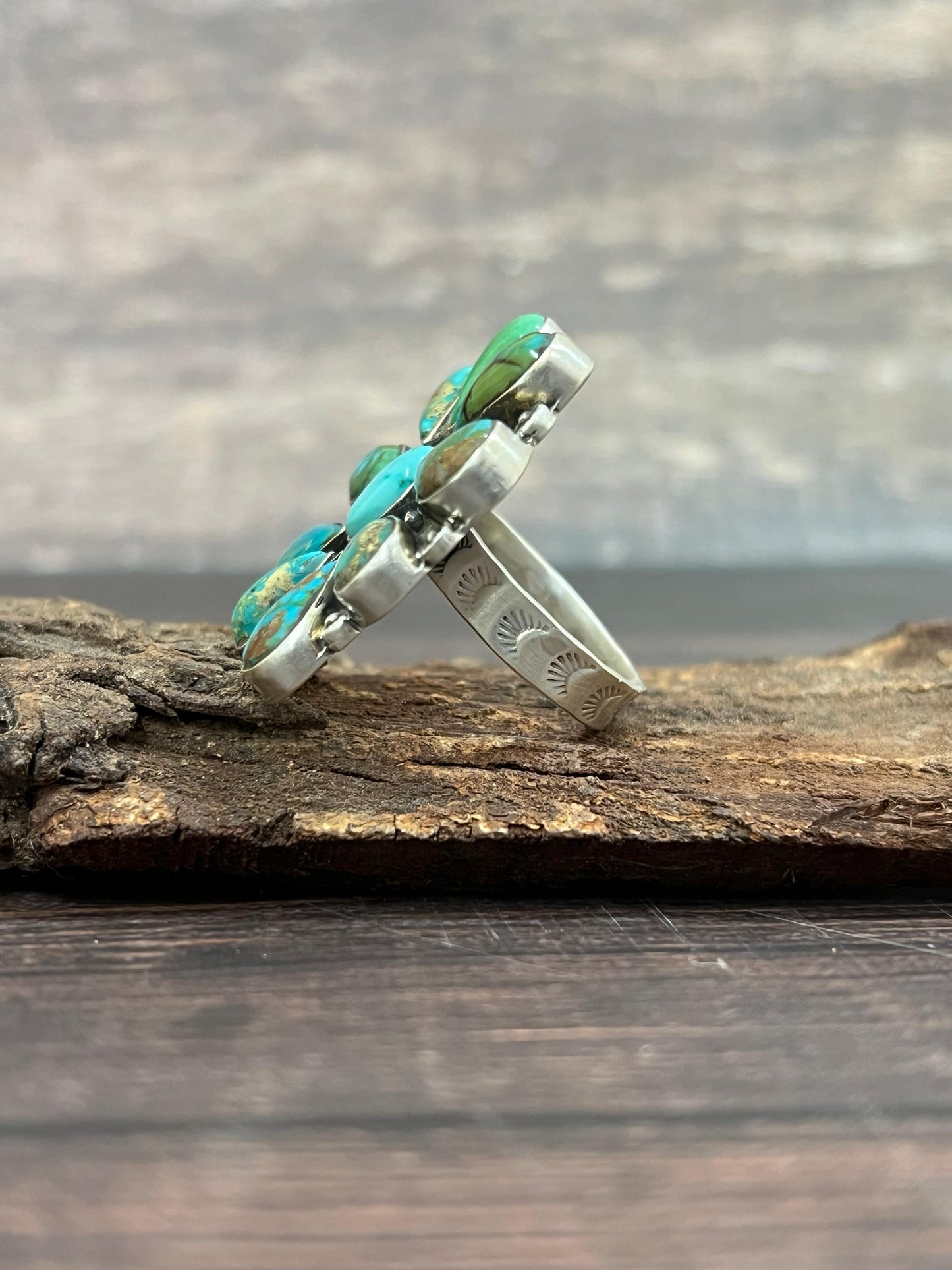 Handmade Sterling Silver South Hill Turquoise Adjustable Ring with Signed Nizhoni