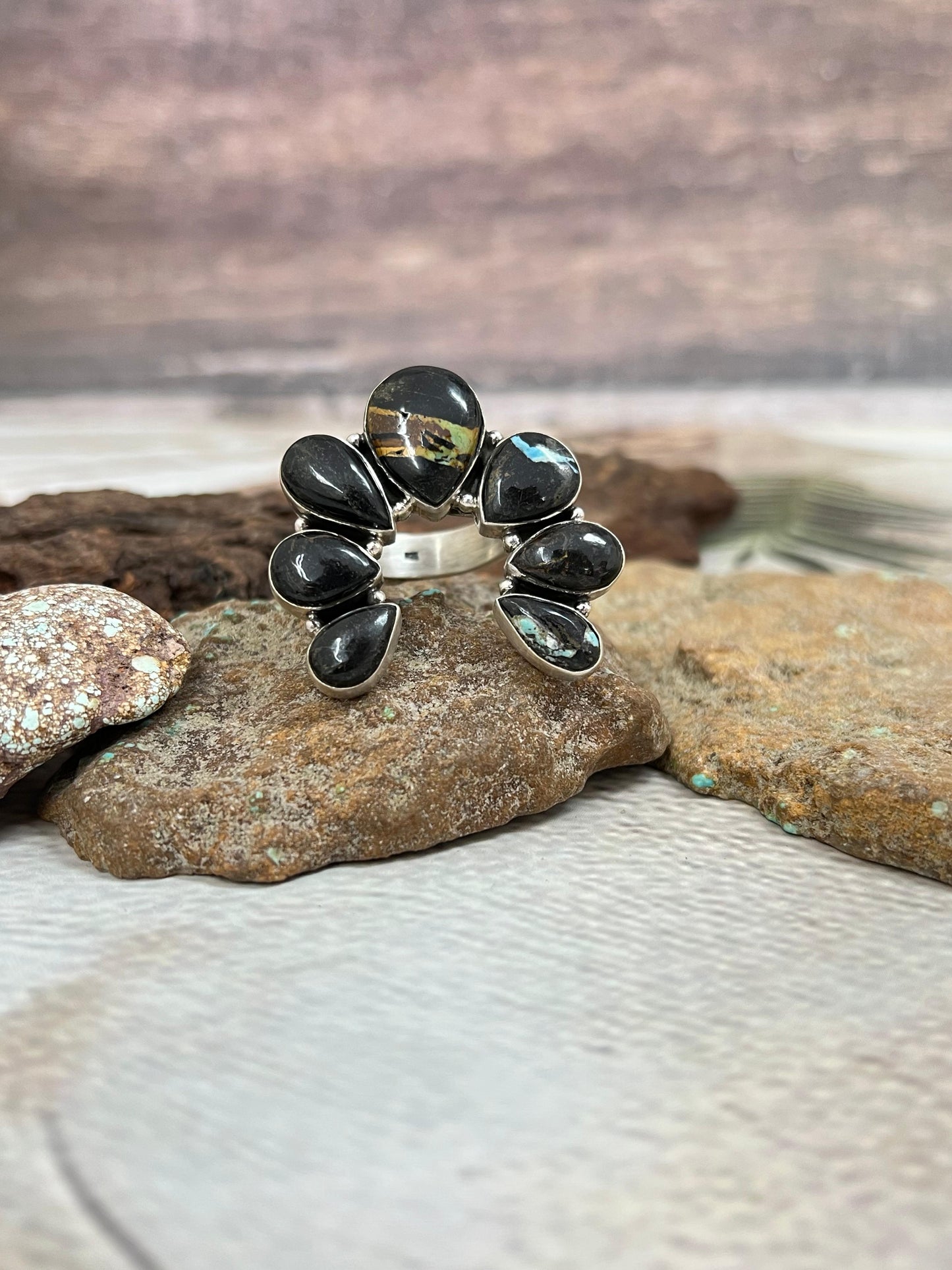 Handmade Sterling Silver Blackjack Turquoise Adjustable Ring Signed Nizhoni