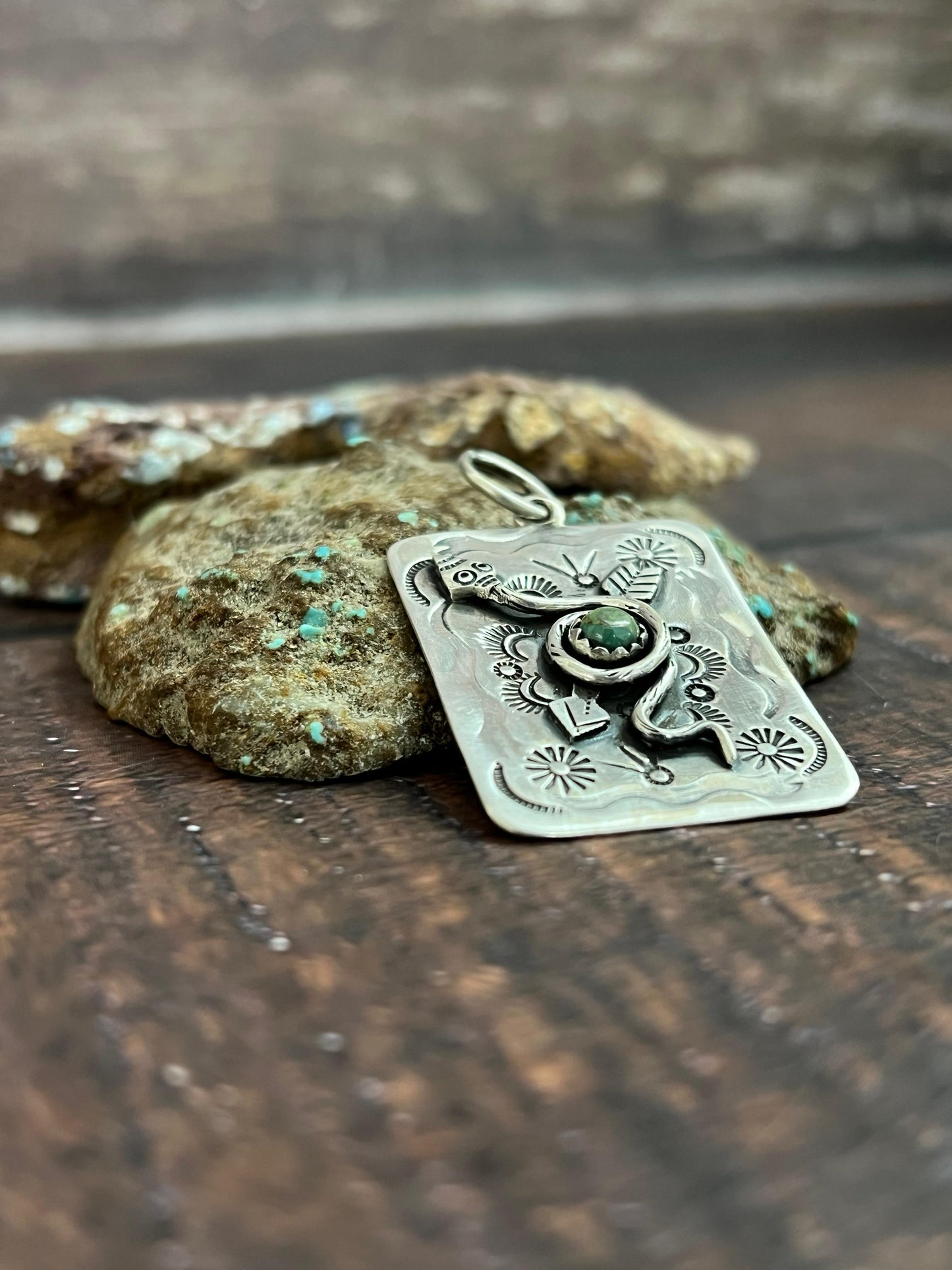 Handmade Sterling Silver Kingman Turquoise Snake Arrow Pendant with Signed Nizhoni