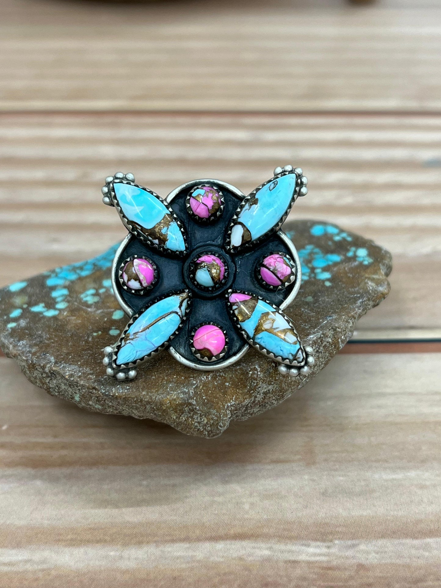 Handmade Sterling Silver Cotton Candy Turquoise Adjustable Ring with Signed Nizhoni