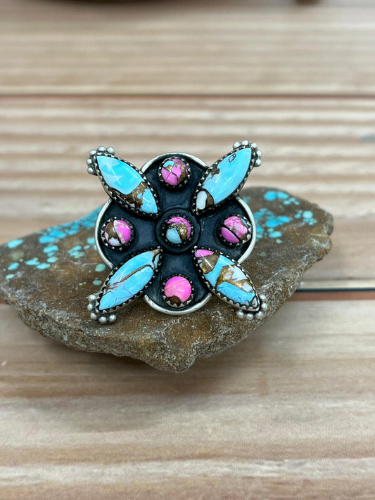Handmade Sterling Silver Cotton Candy Turquoise Adjustable Ring with Signed Nizhoni