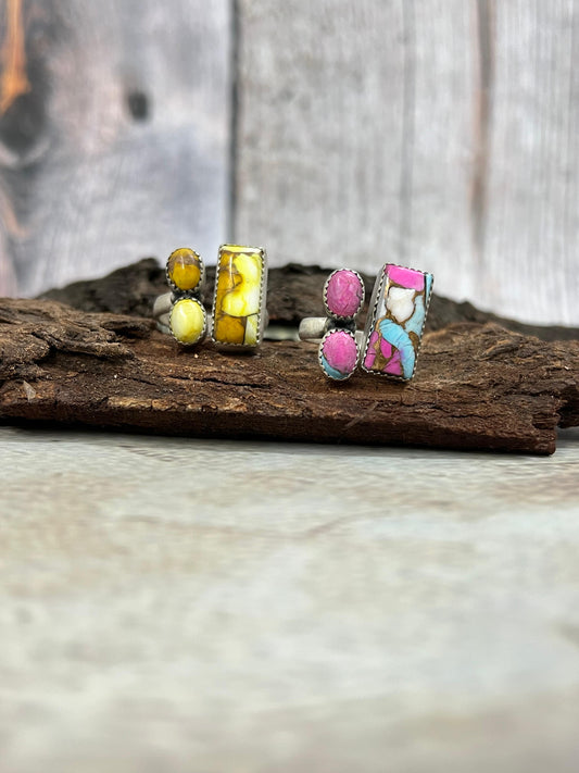 Handmade Sterling Silver Honey Dahlia, Cotton Candy Turquoise Adjustable Ring with Signed Nizhoni (2)