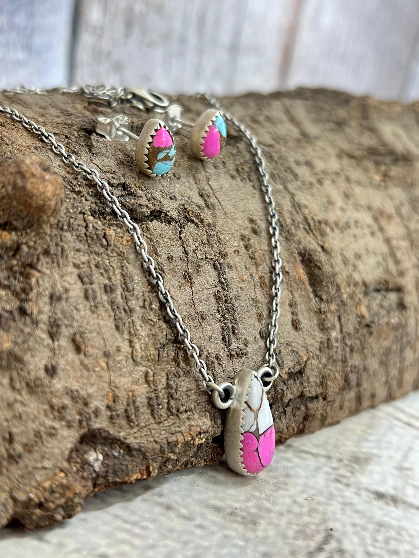 Handmade Sterling Silver Cotton Candy Turquoise Necklace Earrings Set with Signed Nizhoni