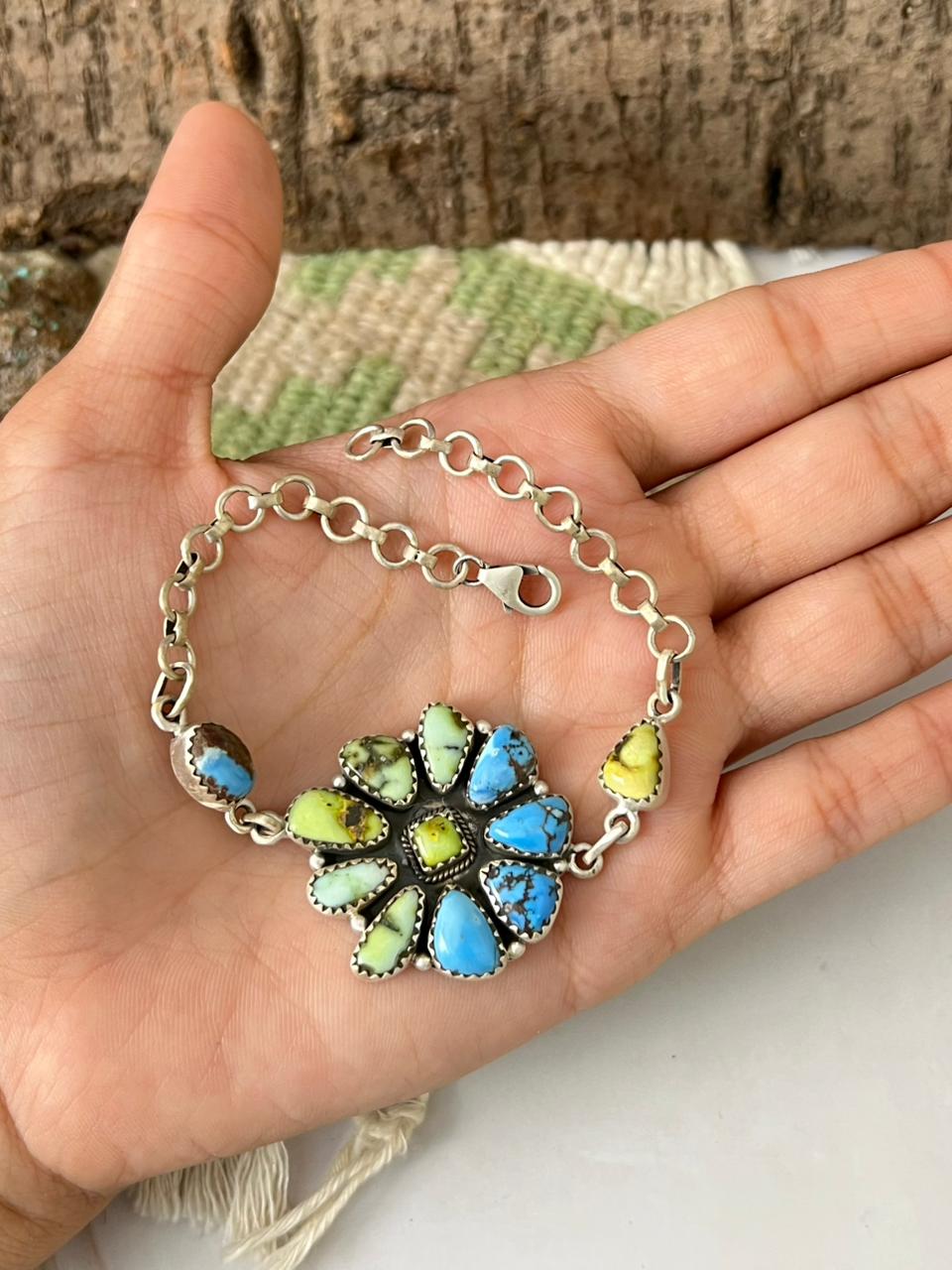 Handmade Sterling Silver Palomino with Golden Hills Turquoise Chain Bracelet "Signed Nizhoni"