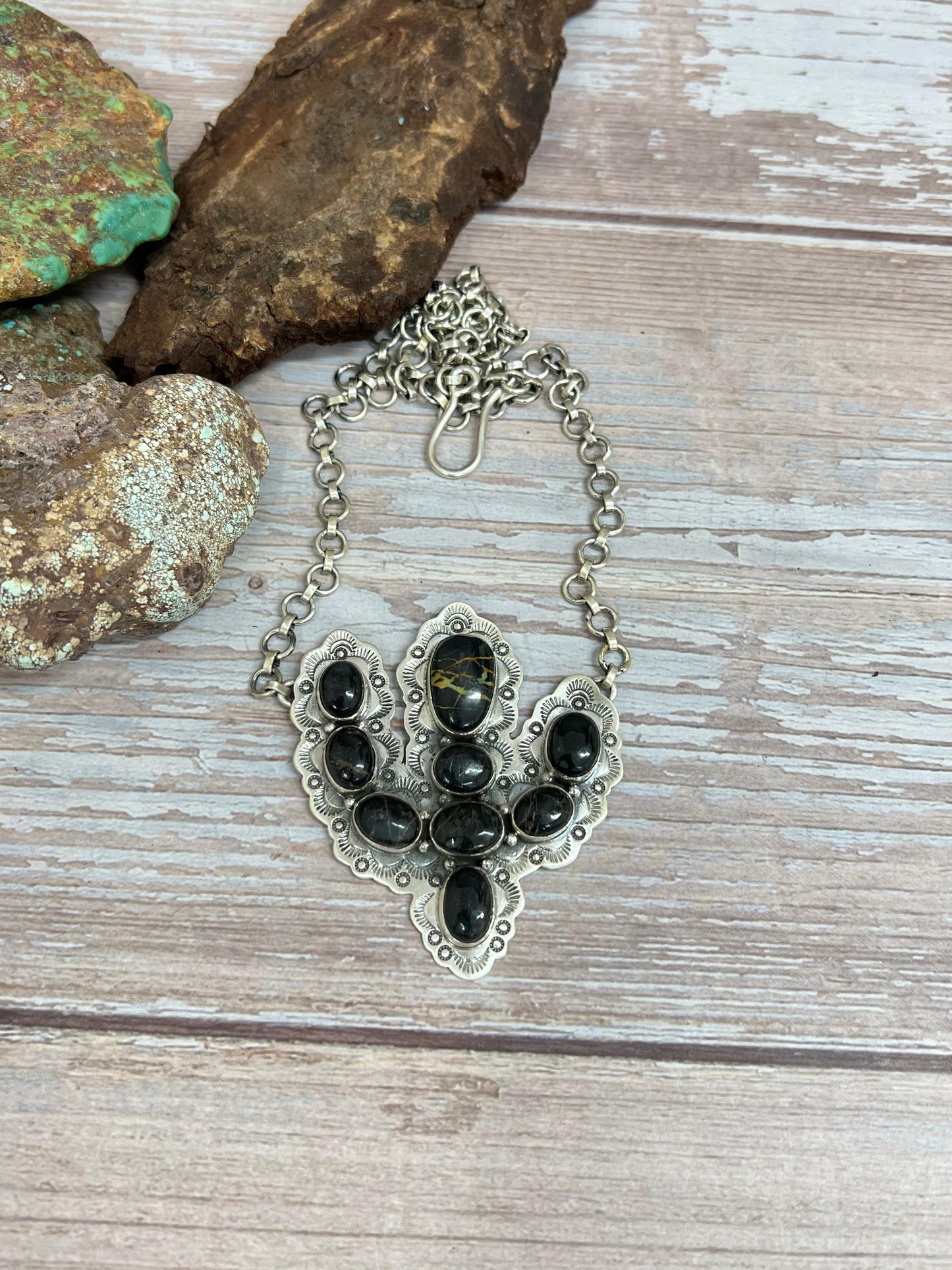 Handmade Sterling Silver Blackjack Turquoise Cactus Necklace with Signed Nizhoni