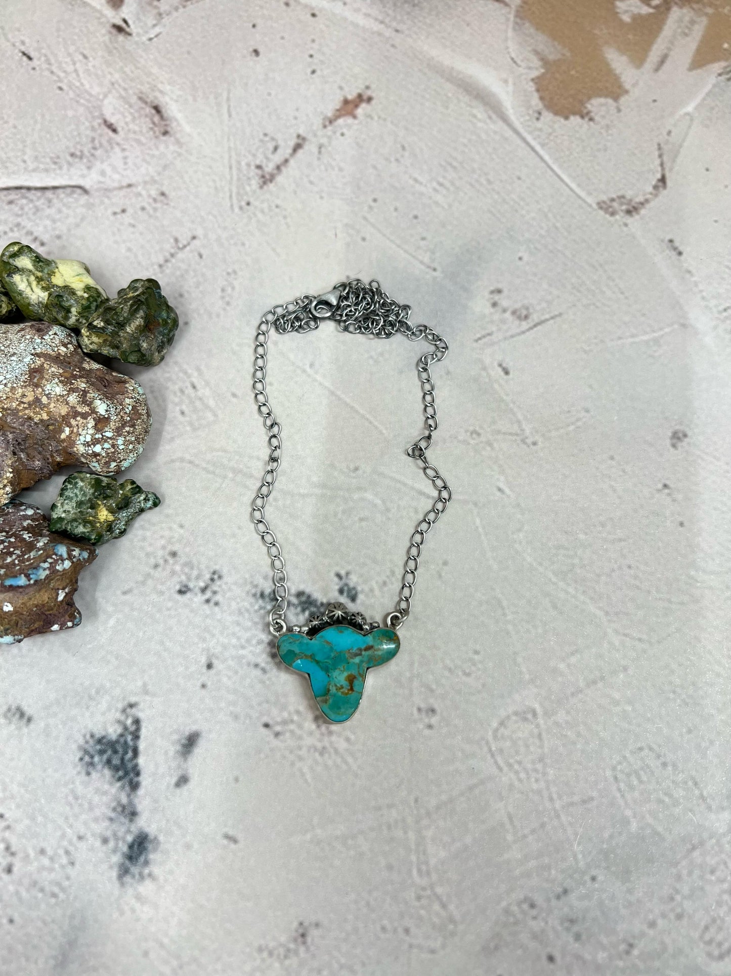 Handmade Sterling Silver Kingman Turquoise Cowhead Necklace with Signed Nizhoni