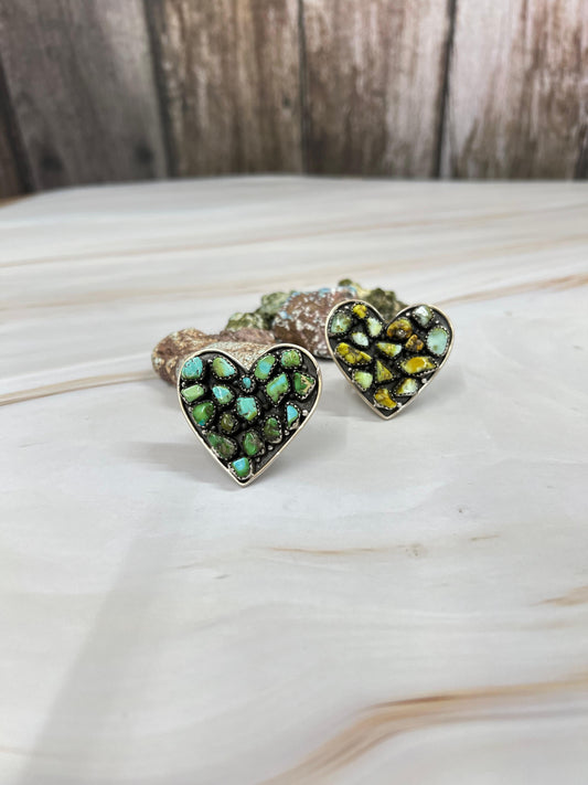 Handmade Sterling Silver Palomino, Sonoran Mountain Turquoise Heart Adjustable Ring with Signed Nizhoni