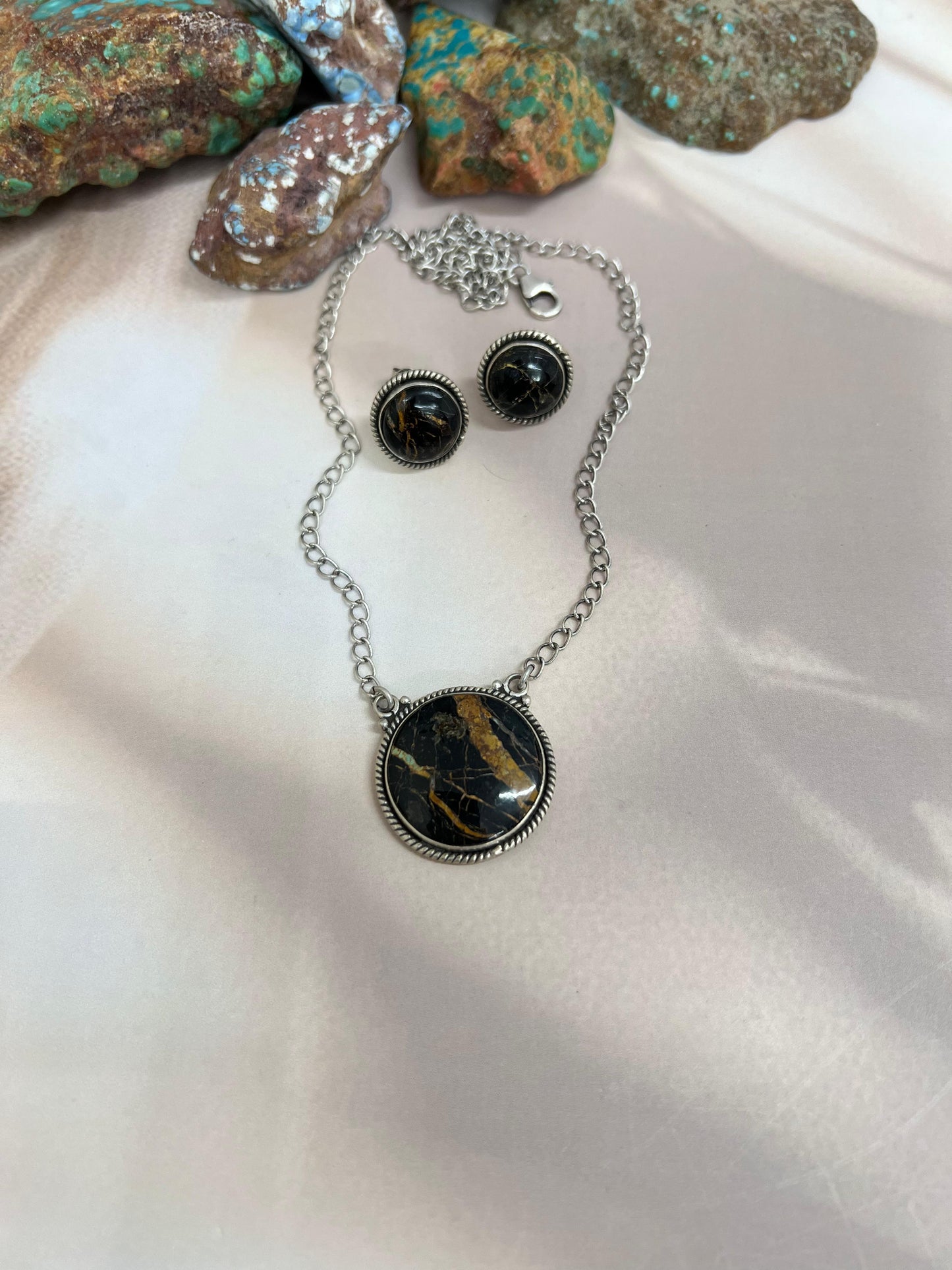 Handmade Sterling Silver Blackjack Turquoise Necklace Earrings Set with Signed Nizhoni