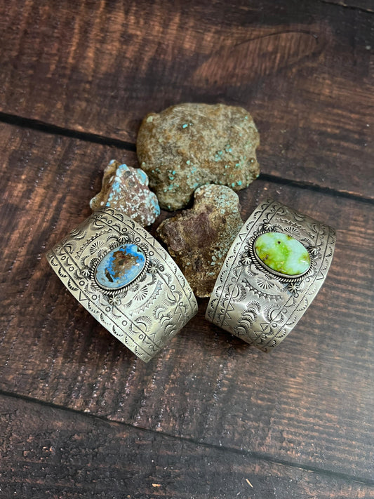 Handmade Sterling Silver Golden Hills, Palomino Turquoise Bracelet with Signed Nizhoni