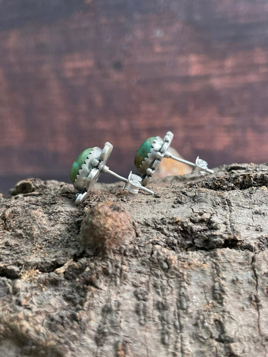Handmade Sterling Silver Kingman Turquoise Post Studs Earrings "Signed Nizhoni"