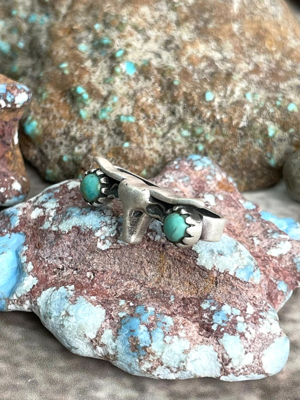 Handmade Sterling Silver Kingman Turquoise Bull Head Watch Charms with Signed Nizhoni