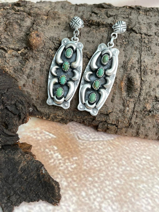 Handmade Sterling Silver Kingman Turquoise Post Dangle Earrings "Signed Nizhoni"