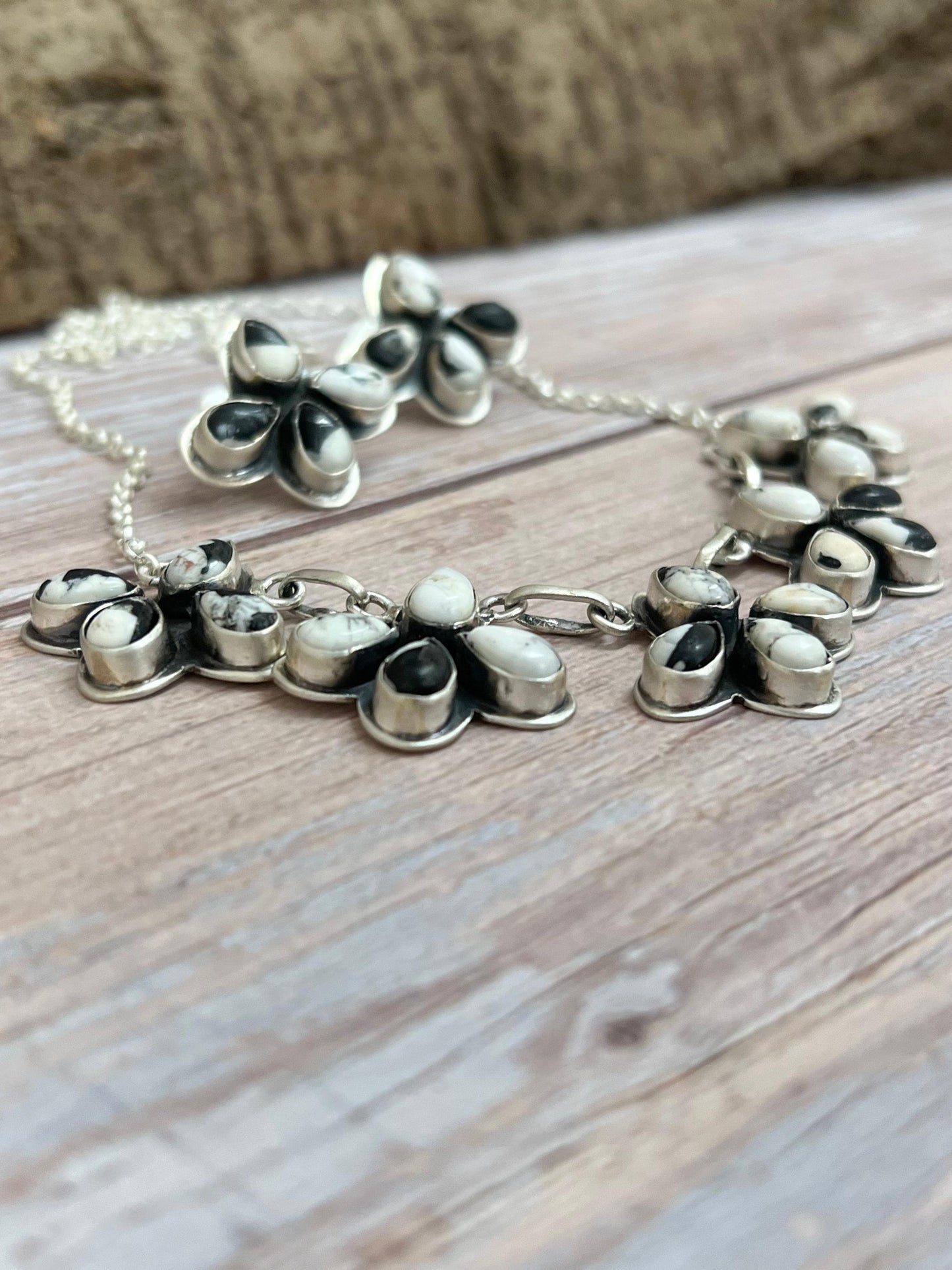 Handmade Sterling Silver White Buffalo Necklace & Earrings Set Signed Nizhoni