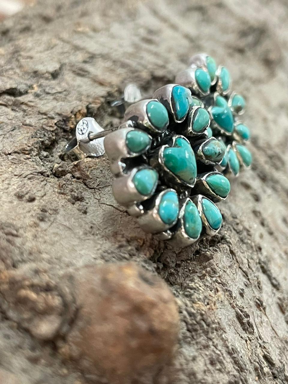 "Heart Collection" Handmade Sterling Silver Kingman Turquoise Post Studs Earrings "Signed Nizhoni"