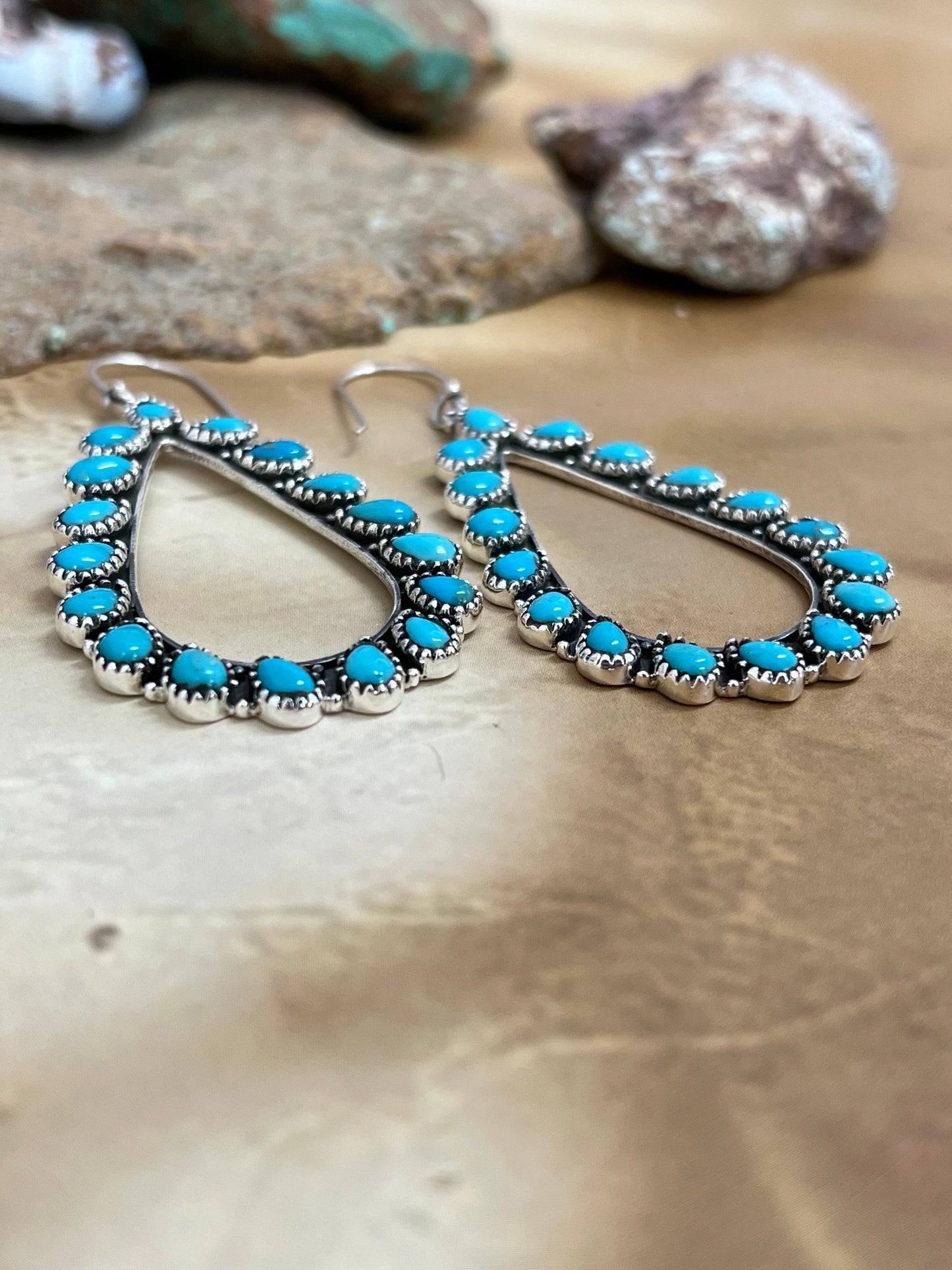 Handmade Sterling Silver Kingman Turquoise Hoop Post Earrings with Signed Nizhoni