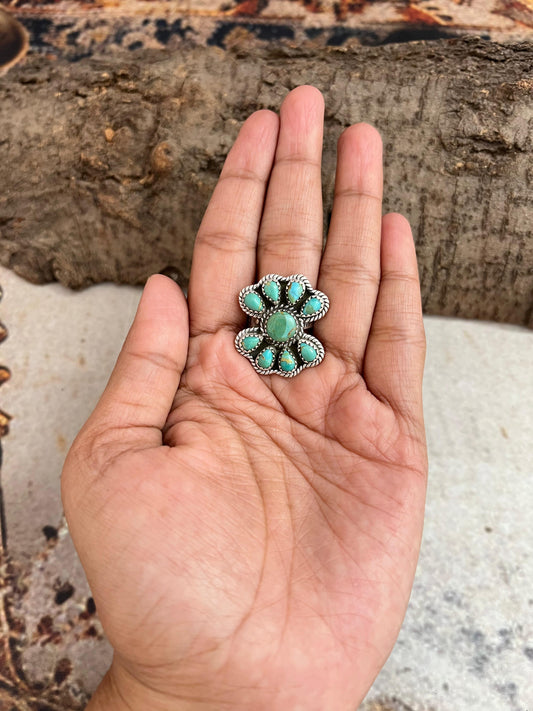 Handmade Sterling Silver Kingman Turquoise Adjustable Ring, Signed Nizhoni