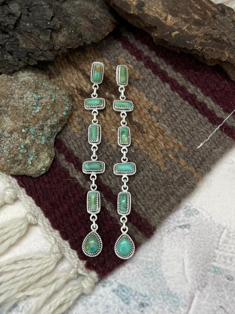 Handmade Sterling Silver Kingman Turquoise Post Dangle Earrings "Signed Nizhoni"