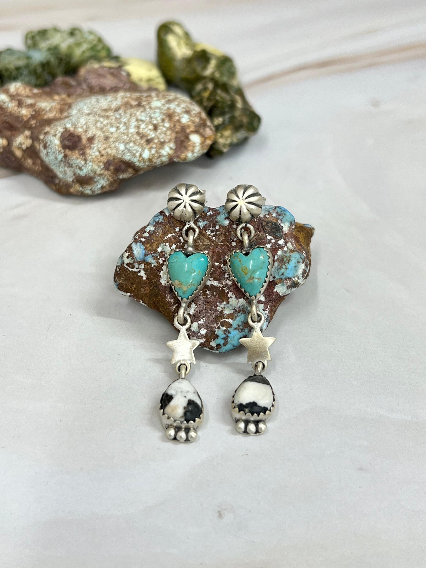 Handmade Sterling Silver White Buffalo with Kingman Turquoise Dangle Earrings with Signed Nizhoni (2)