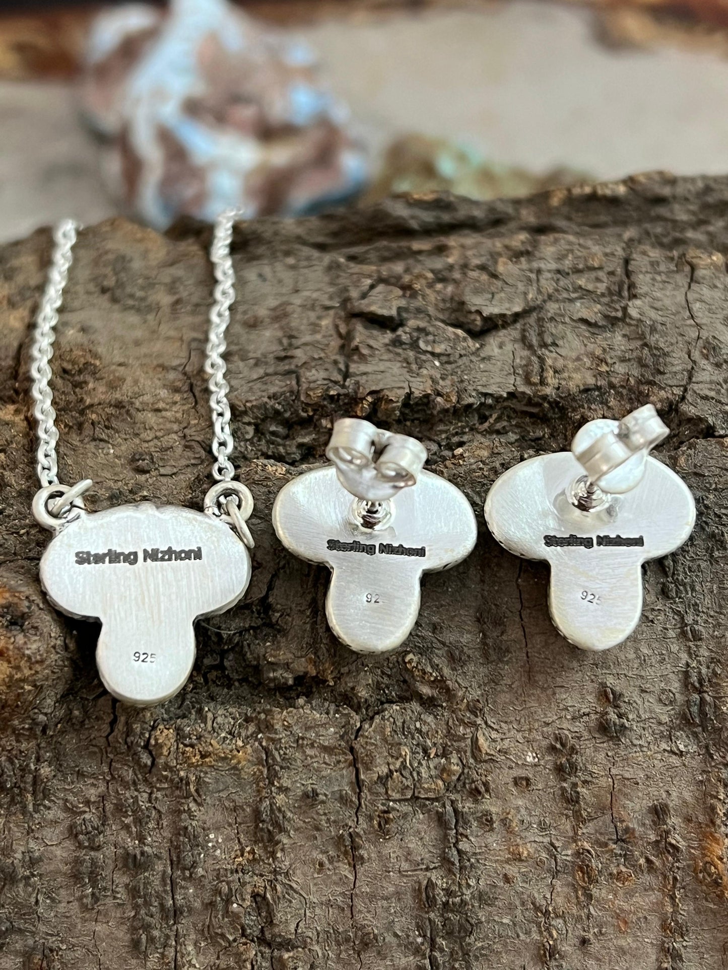 Handmade Sterling Silver White Buffalo with Kingman Turquoise Necklace Earrings Set, Signed Nizhoni