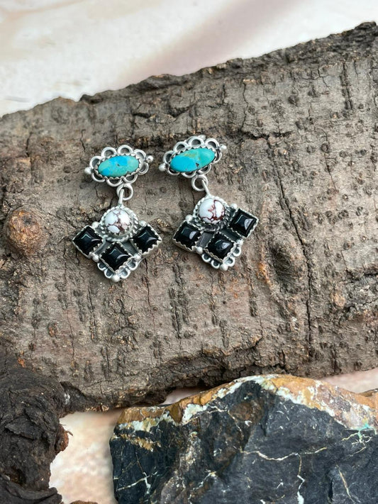 Handmade Sterling Silver Kingman with Wildhorse, Black Onyx Post Dangle Earrings Set "Signed Nizhoni"