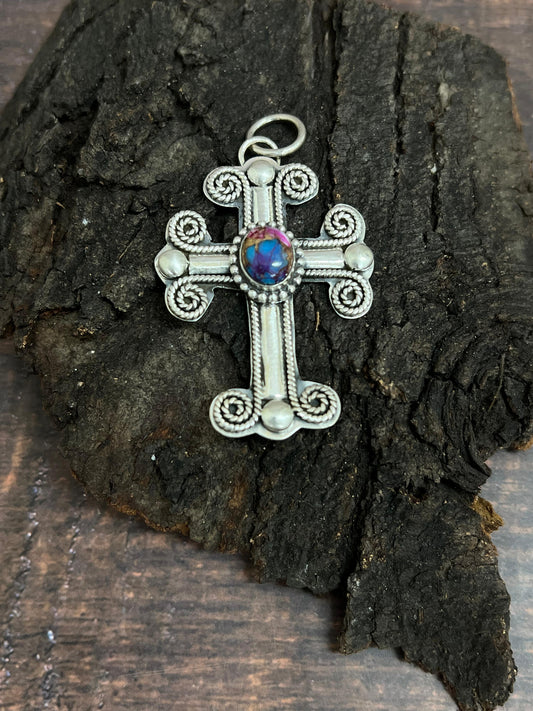 Handmade Sterling Silver Pink Dahlia Cross Pendant with Signed Nizhoni (4)