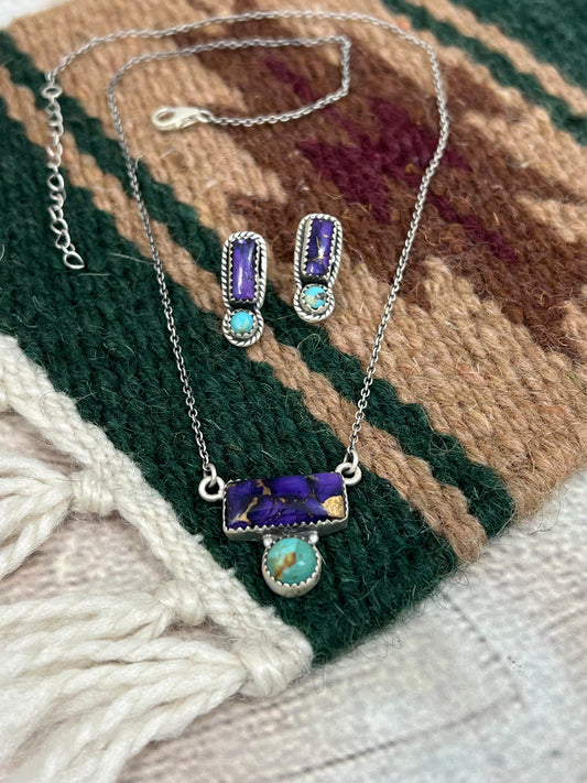 Handmade Sterling Silver Grape Dahlia With Kingman Necklace Earrings Set, Signed Nizhoni