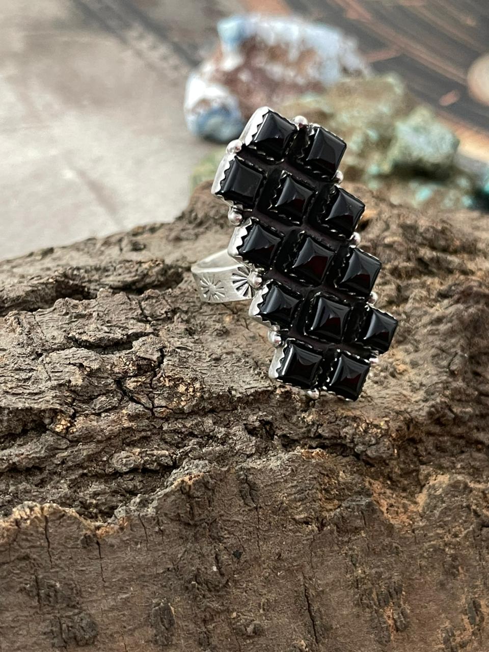 "Halloween Collection" Handmade Sterling Silver Black Onyx Adjustable Ring with Signed Nizhoni