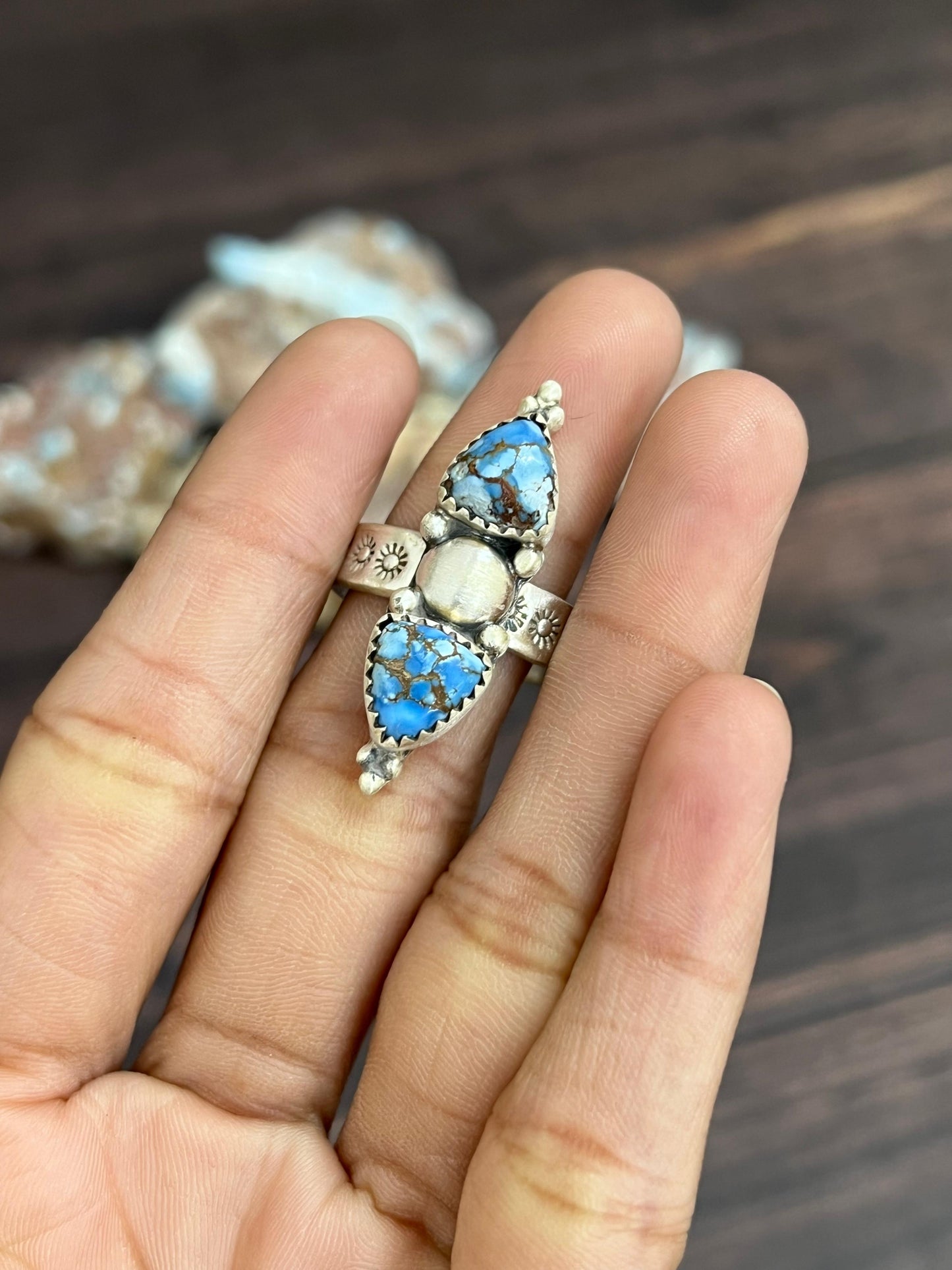 Handmade Sterling Silver with Golden Hills Turquoise Adjustable Ring With Signed Nizhoni