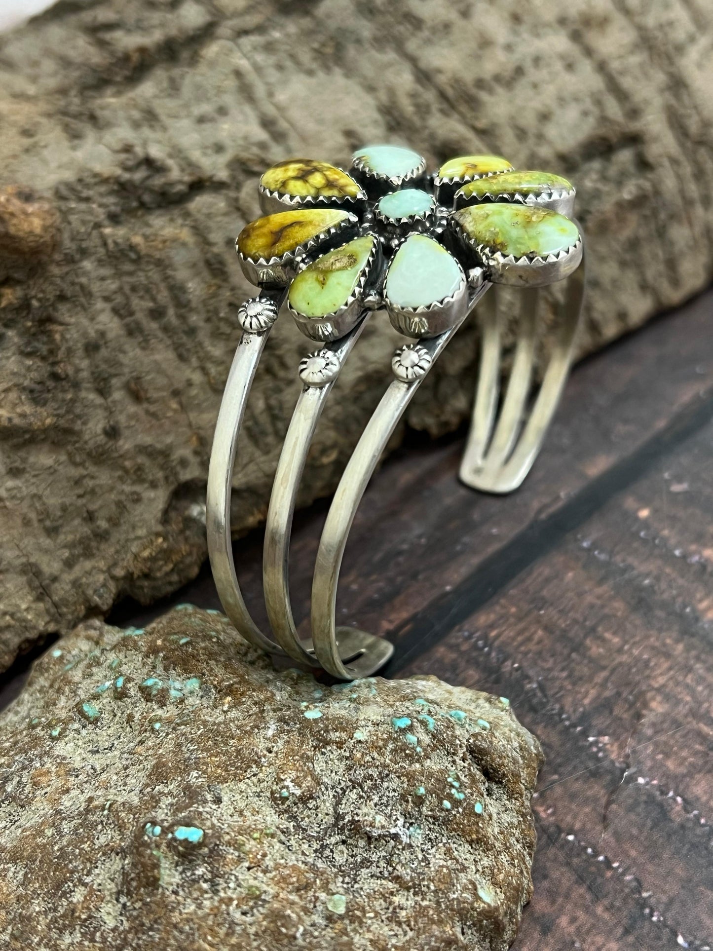 Handmade Sterling Silver Palomino Turquoise Bracelet with Signed Nizhoni