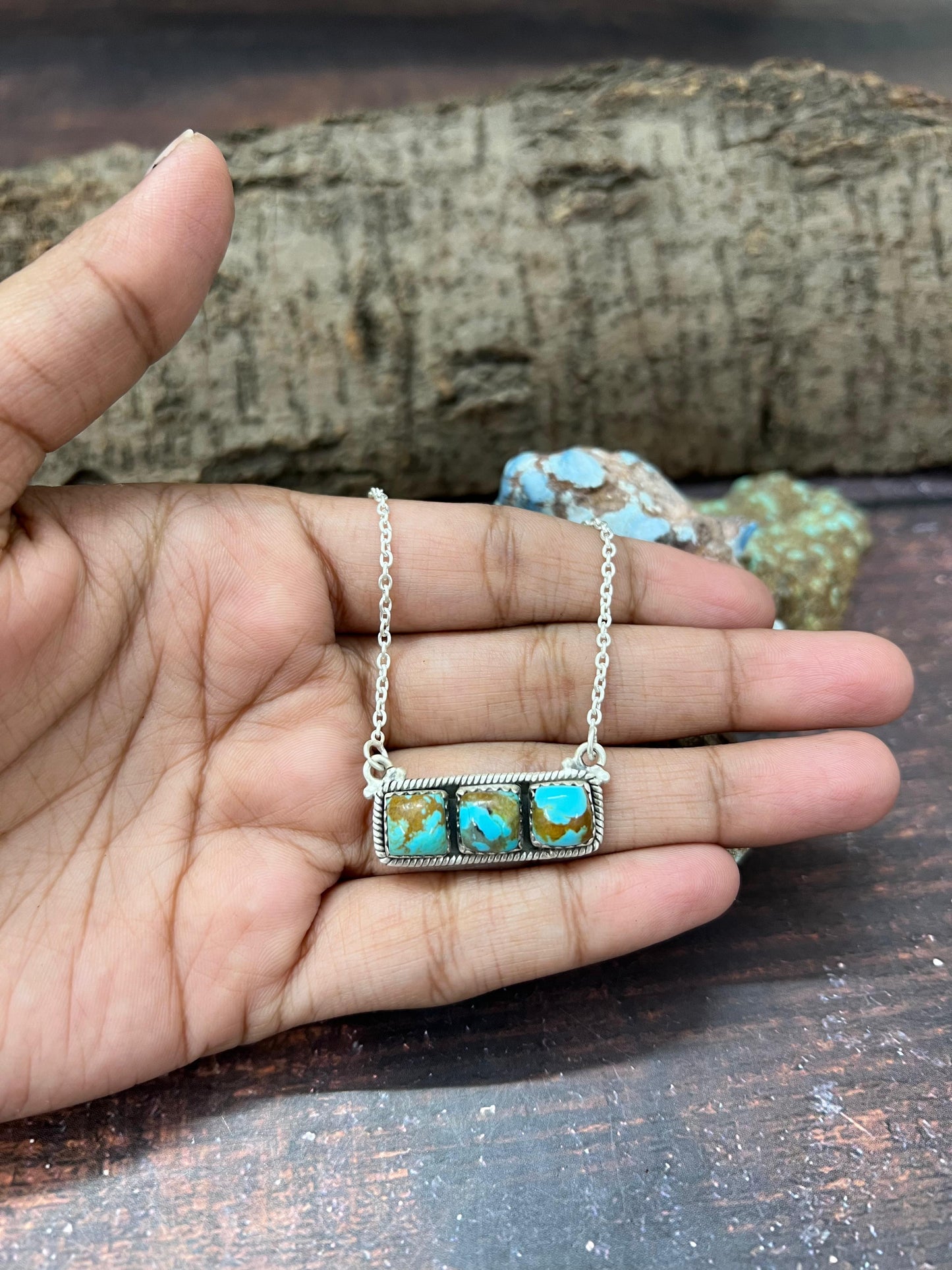 Handmade Sterling Silver Number 8 Turquoise Bar Necklace with Signed Nizhoni