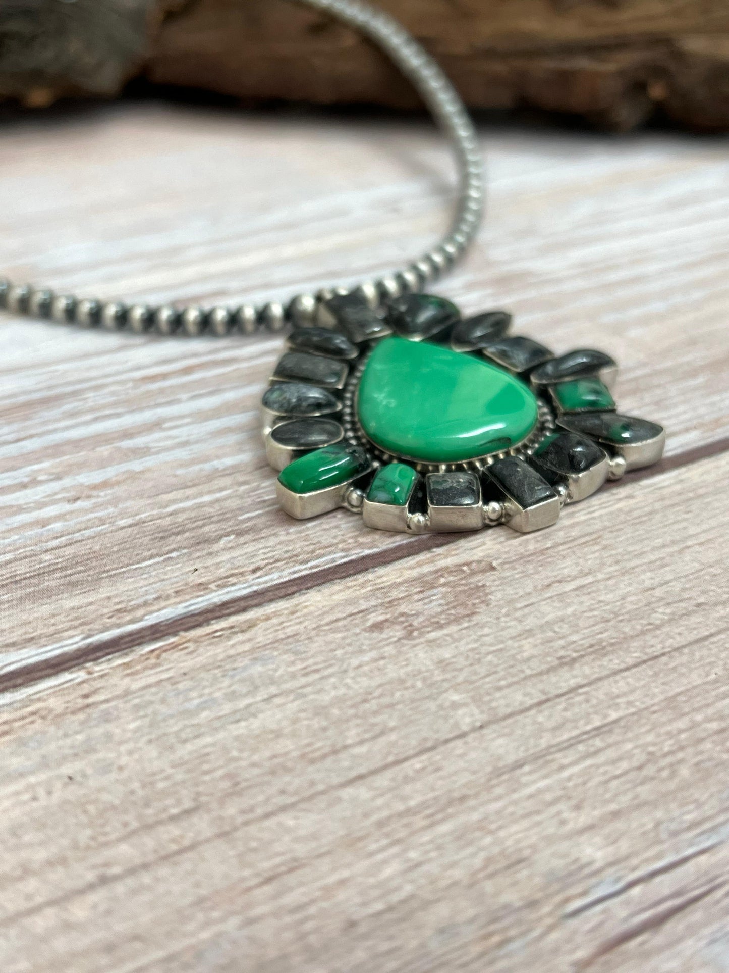 Handmade Sterling Silver Emerald Rose Beaded Necklace with Signed Nizhoni