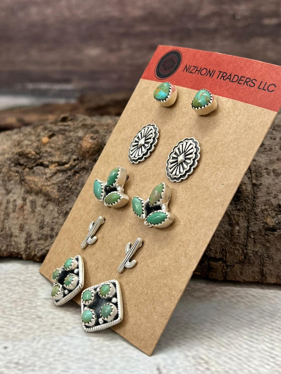 Handmade Sterling Silver with Kingman Turquoise Post Earrings (Studs), Signed Nizhoni