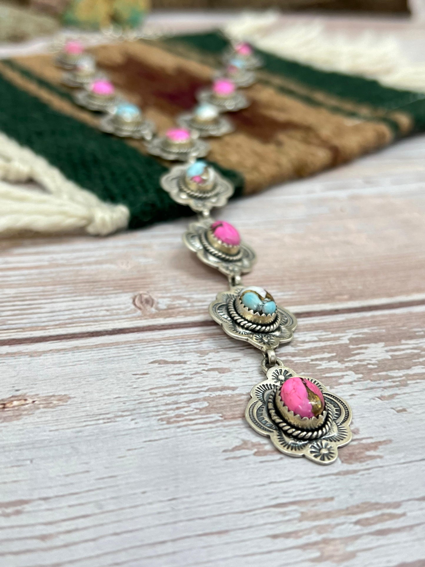 Handmade Sterling Silver Cotton Candy Turquoise Necklace with Signed Nizhoni