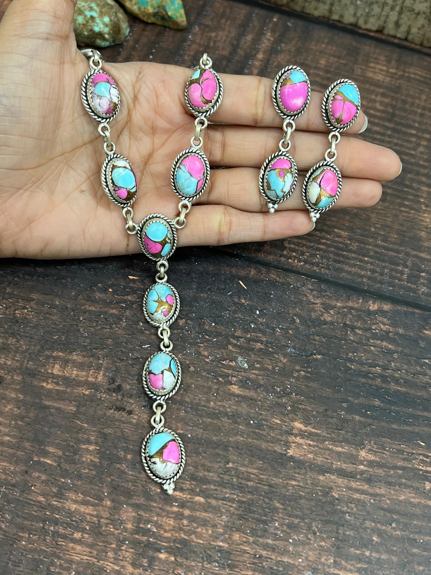 Handmade Sterling Silver Cotton Candy Turquoise Necklace Earrings Set with Signed Nizhoni