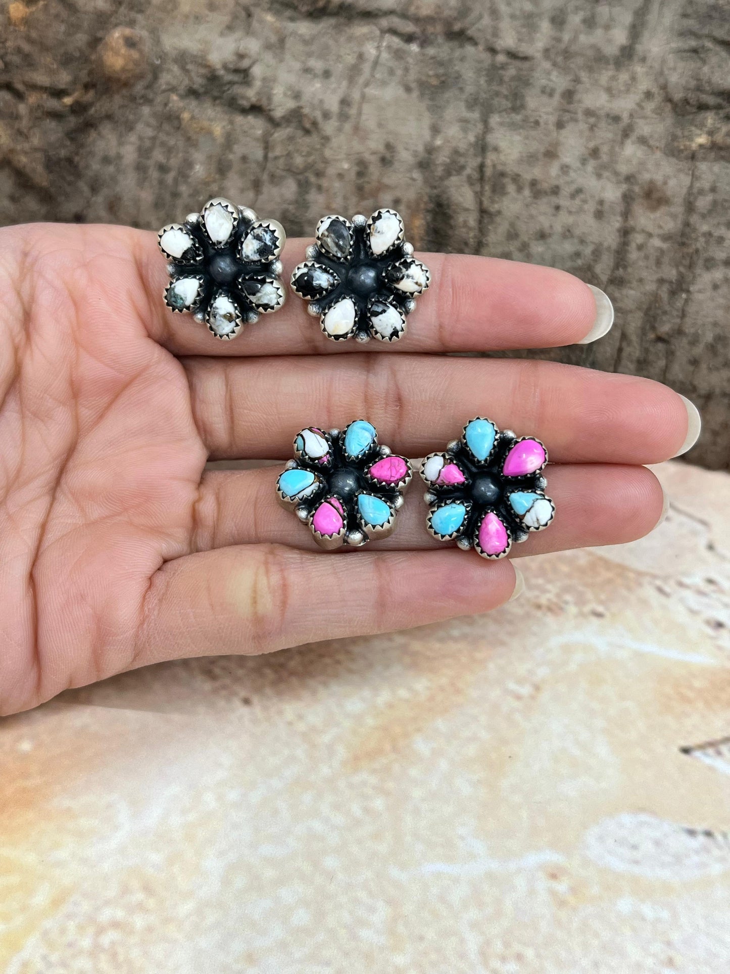 Handmade Sterling Silver White Buffalo, Cotton Candy Turquoise Studs with Signed Nizhoni