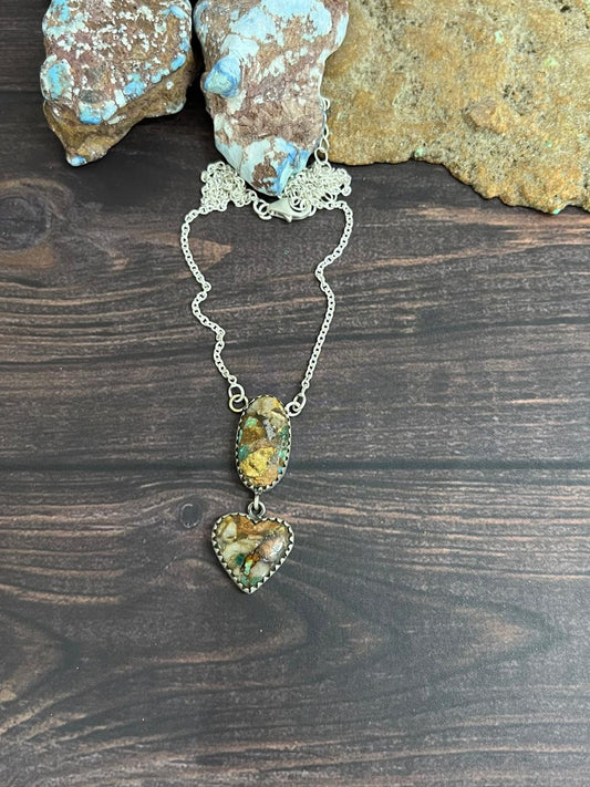 Handmade Sterling Silver Royston Turquoise Heart Necklace with Signed Nizhoni