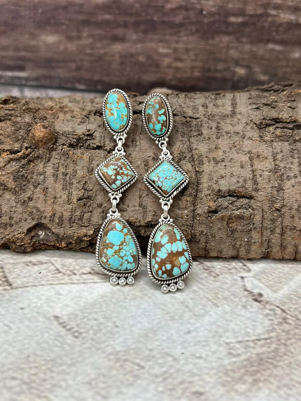 Handmade Sterling Silver Number 8 Turquoise Post Dangle Earrings with Signed Nizhoni (1)