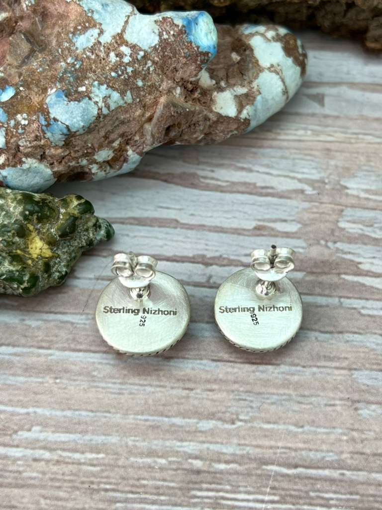 Handmade Sterling Silver Sonoran Mountain Turquoise Post Studs with Signed Nizhoni