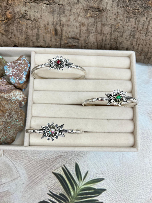 Handmade Sterling Silver Peacock Dahlia, Cotton Candy Turquoise, Dahlia Rose Cuff Bracelet with Signed Nizhoni (4)